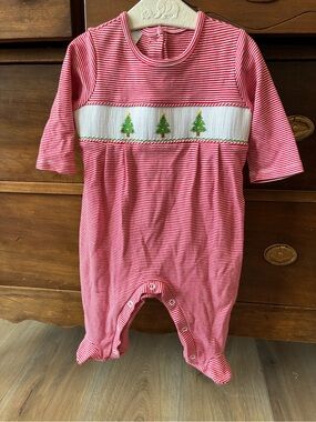 Edgehill Collection Red & White Striped Baby One-Piece with Tree Smocking